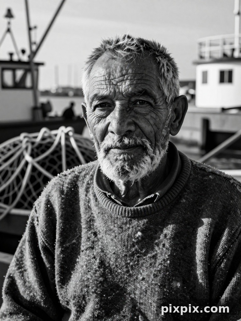 Black and White Elderly Fisherman - Portrait