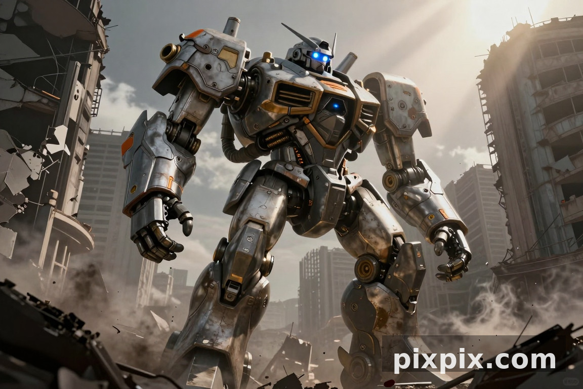 Mecha de combate gigante en ciudad en ruinas - Sci-Fi