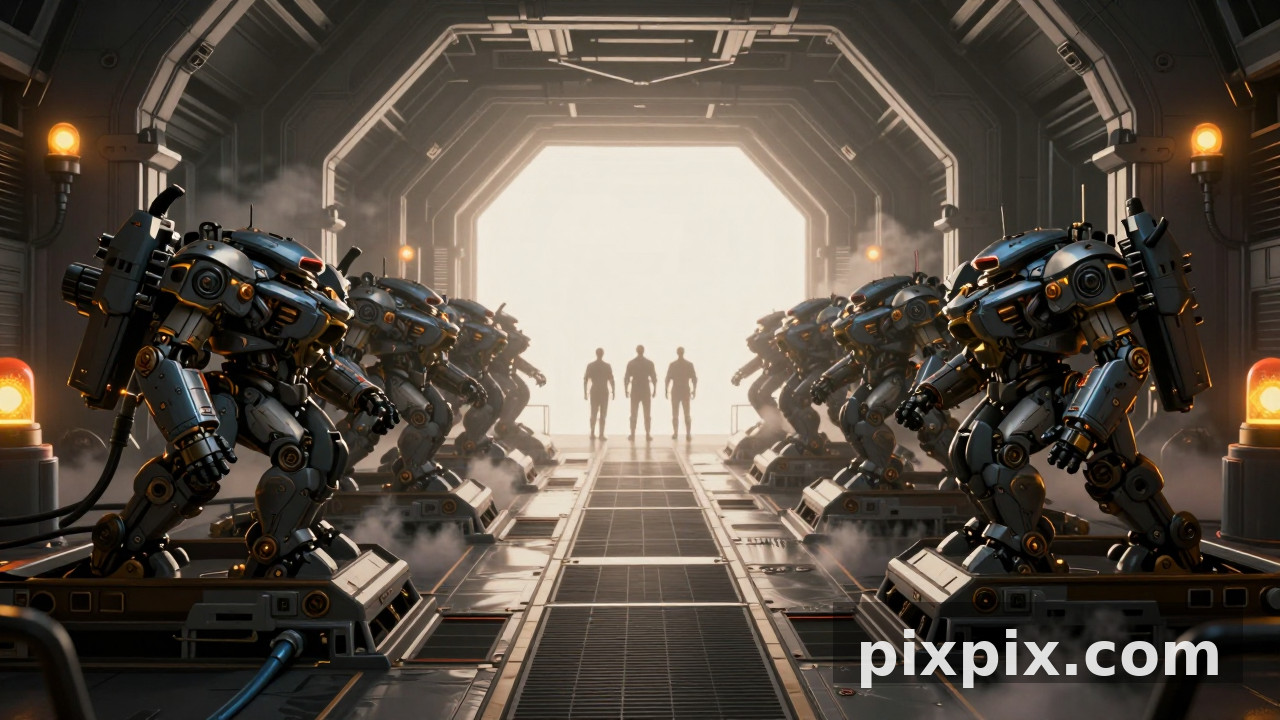 Línea de despegue de mechas lista - Sci-Fi