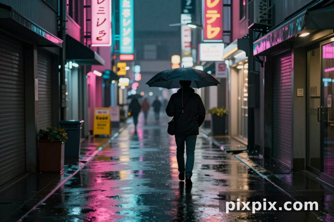雨のネオンの路地の反射 - Street