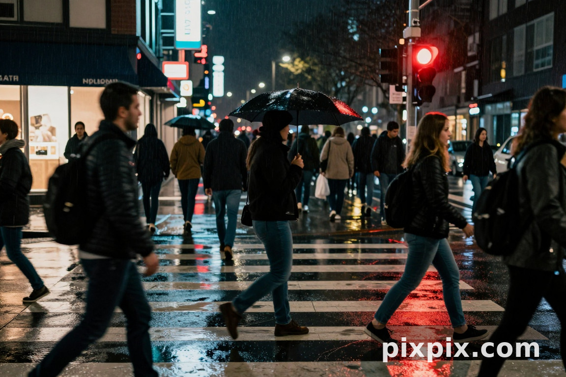 Paso de peatones bajo lluvia neón - Street