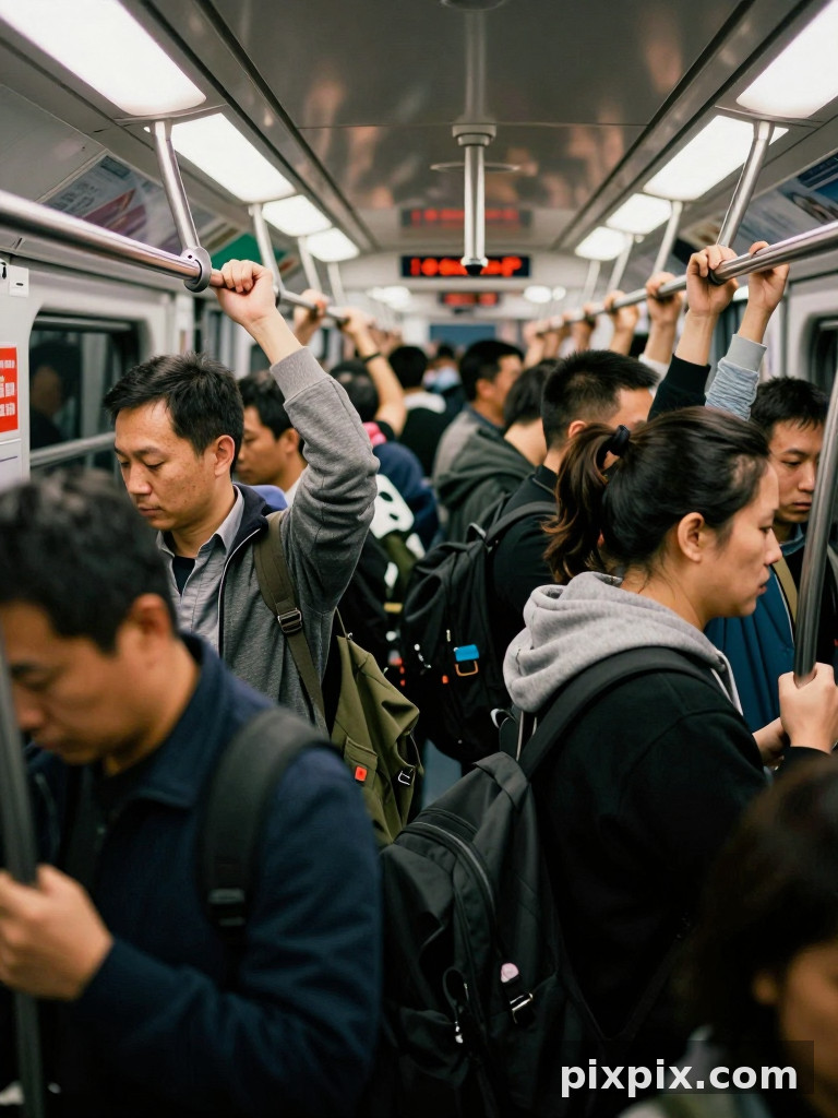 拥挤的列车车厢通勤者 - 街拍