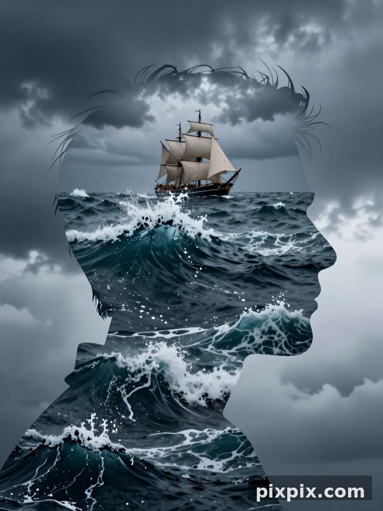 Double Exposure Man and Ocean Waves - Surreal