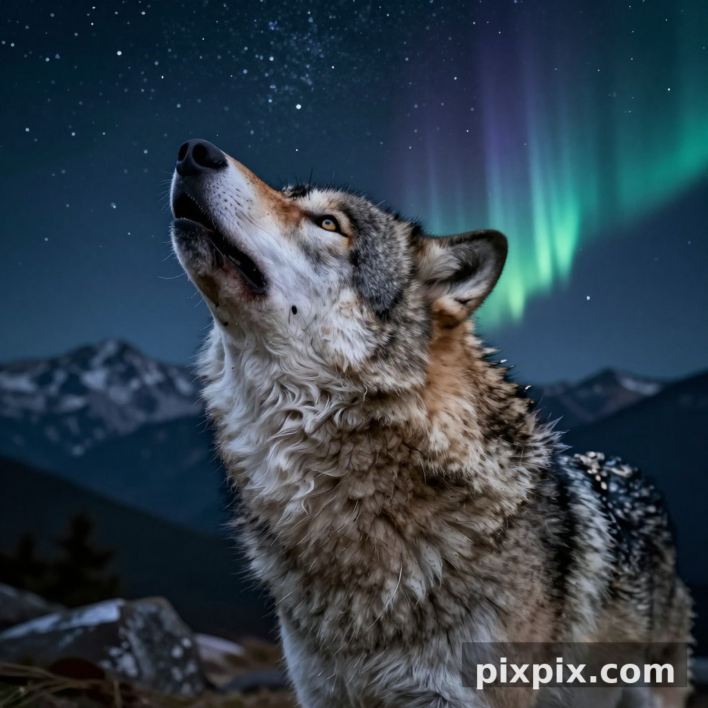 Double Exposure Wolf and Mountain Night - Surreal