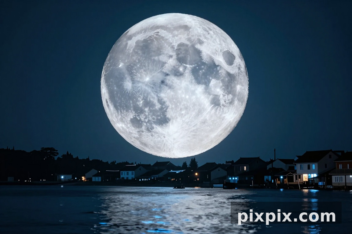 Giant Moon Over a Quiet Town - Surreal