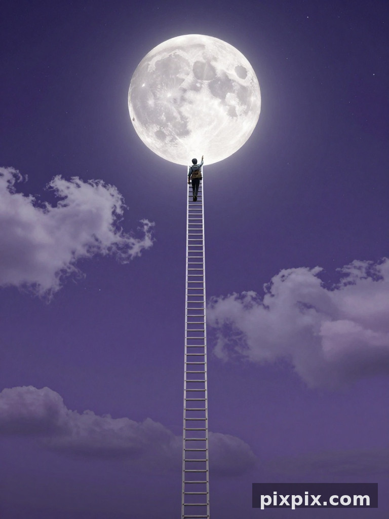 Climbing a Ladder to the Giant Moon - Surreal