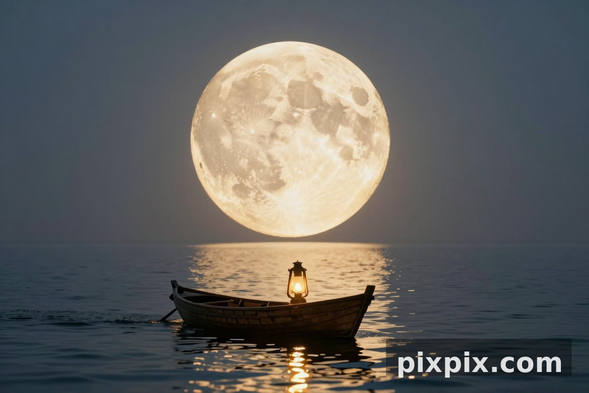 Boat Sailing Toward a Giant Moon - Surreal