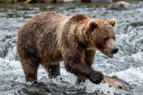Urso-Pardo Pescando Salmão