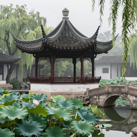 迷雾中式园林亭子