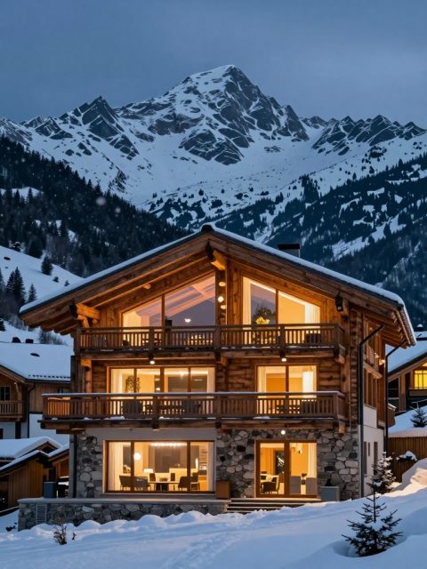 现代阿尔卑斯山小屋黄昏