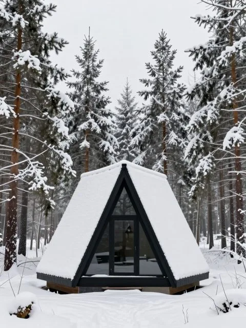 雪地A字形小屋白天场景