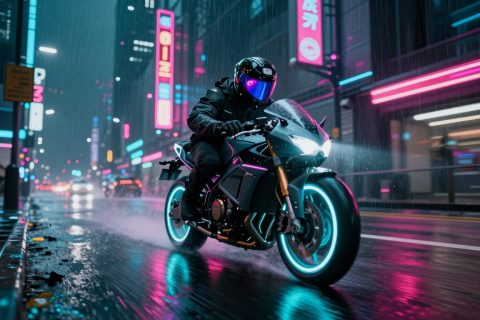雨中的霓虹摩托骑手