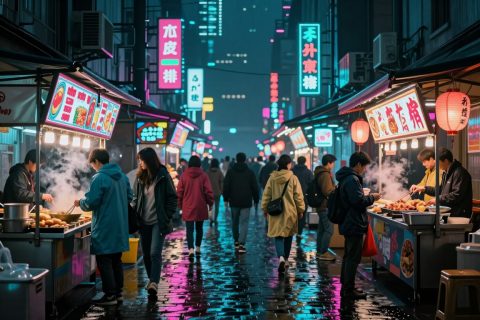拥挤的霓虹夜市