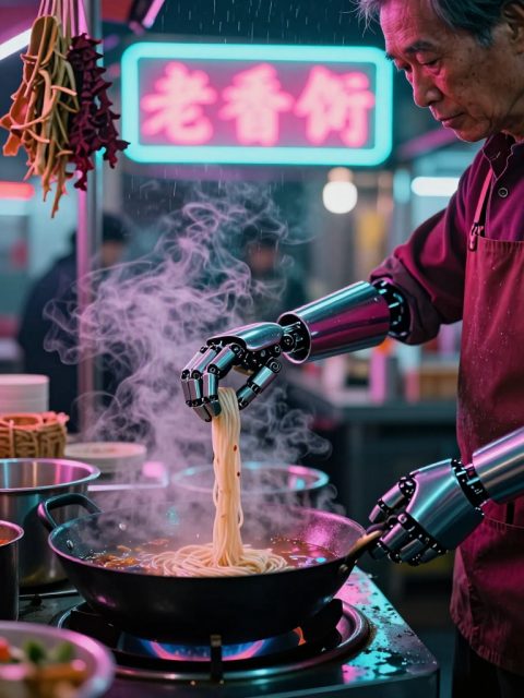 霓虹集市的面摊贩