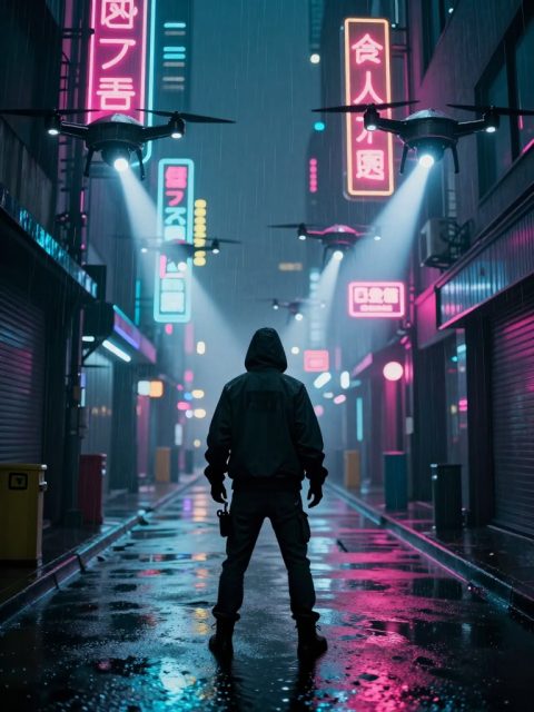 孤独的身影面对无人机巡逻