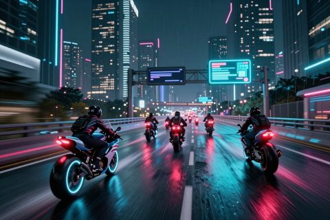 霓虹公路车队在雨中
