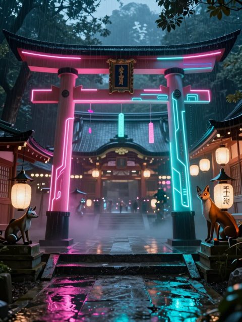 霓虹神社在雨中