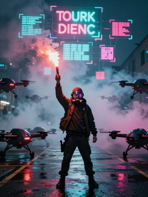 独行的抗议者在暴动线前