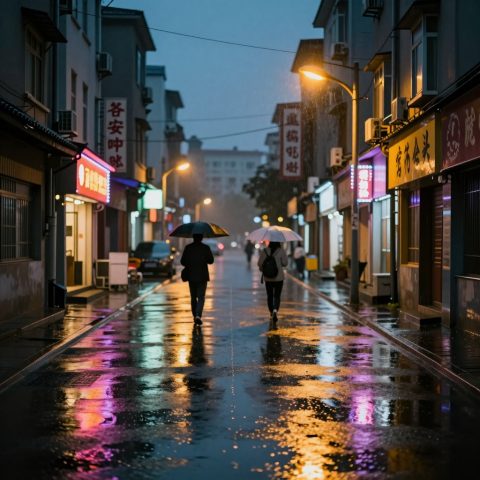 河北省石家庄市雨后的小街道，湿润的柏油路面映出霓虹灯和店铺招牌，路面积水