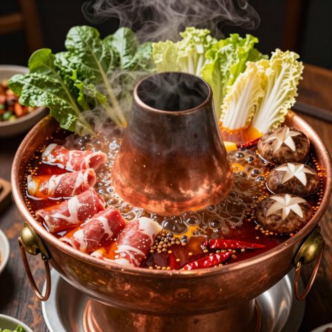 沸腾的辣味火锅配新鲜食材