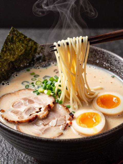 热腾腾的豚骨拉面碗特写