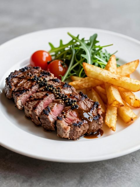 Cena emplatada de filete con patatas