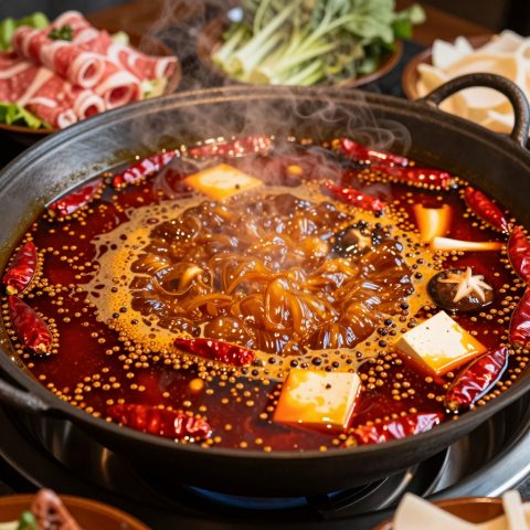 Hotpot picante burbujeante visto desde arriba