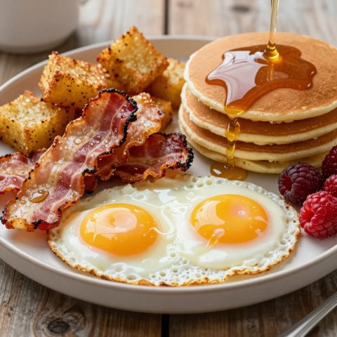 Abundante plato de desayuno americano