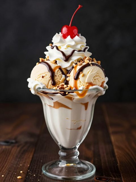 Copa de sundae con hilo de caramelo