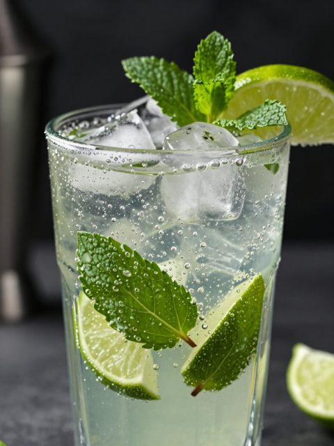 Macro de cóctel mojito con menta fresca