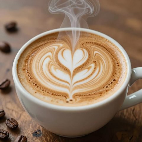 Macro de café con corazón de latte art