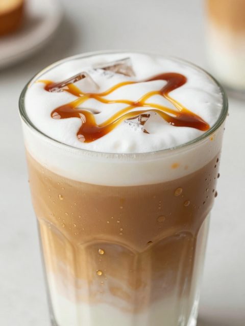 Macro de capas de latte de caramelo helado