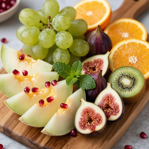 Tabla rústica de frutas vista desde arriba