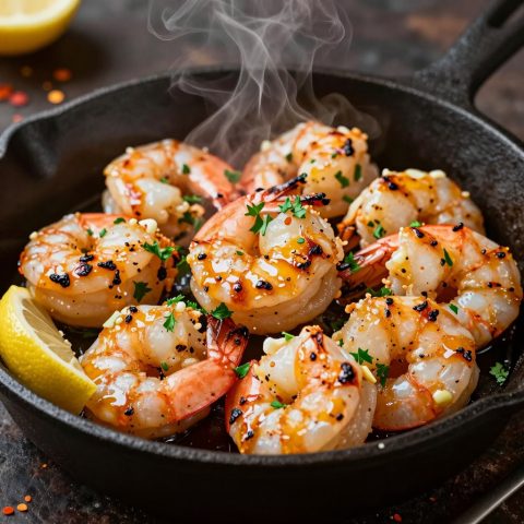 Macro de gambas a la parrilla con mantequilla de ajo