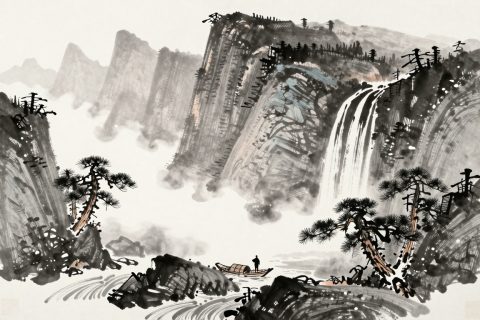 迷雾山墨山水画