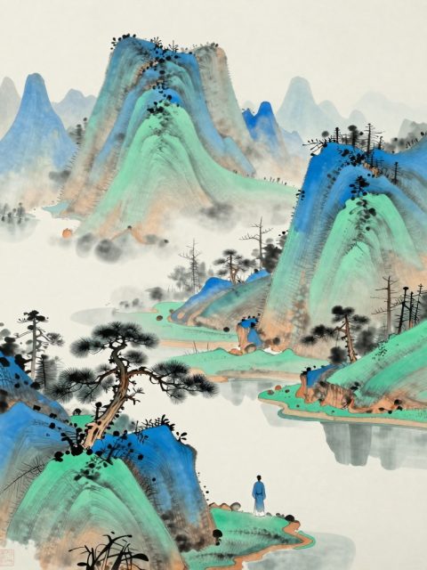迷雾山峰墨水和青金石