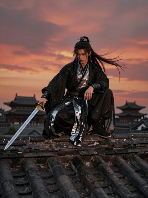 屋顶上的剑客在黄昏时分