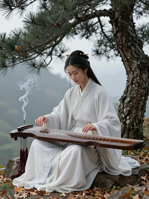 Guqin-Spieler unter der Kiefer