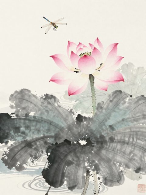 Tuschelotus und Libelle
