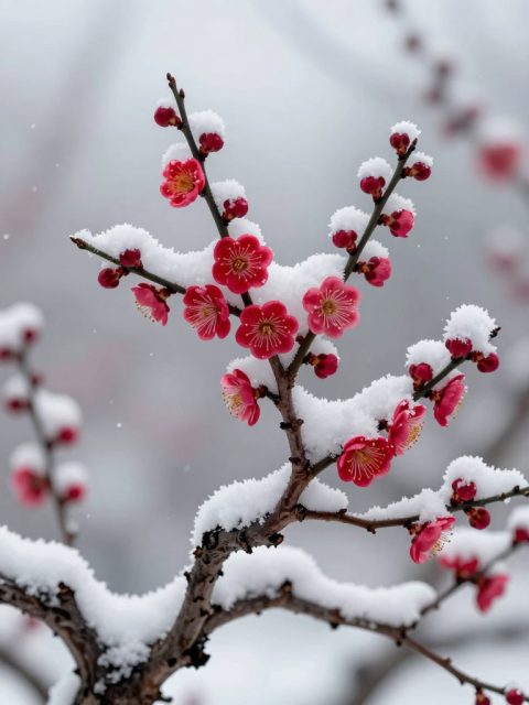 Rote Pflaumenblüten im Schnee