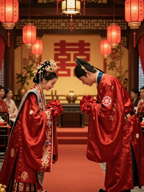 Hochzeitspaar in rotem Hanfu