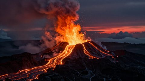 喷发的火山与熔岩流