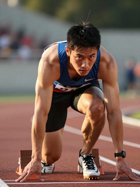 短跑运动员在跑道上