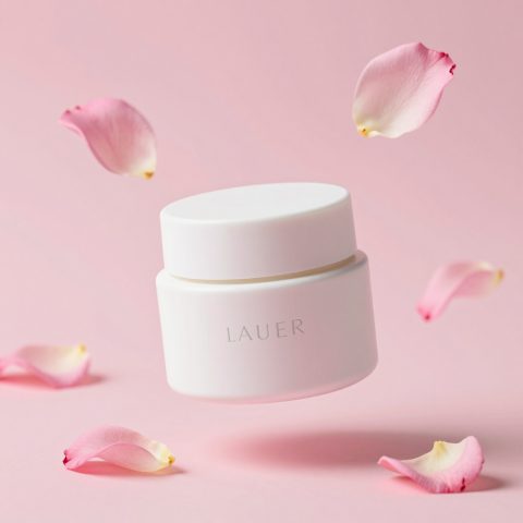 带漂浮花瓣的化妆品罐