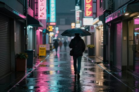 雨天霓虹小巷倒影