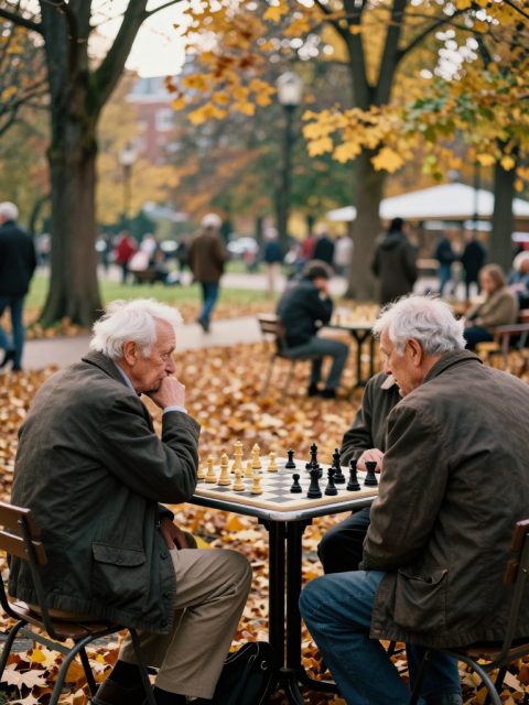 公园里的象棋手在秋天