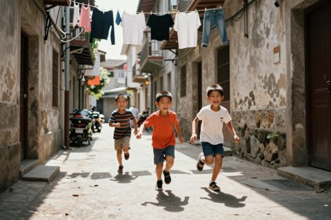 孩子在小巷中奔跑