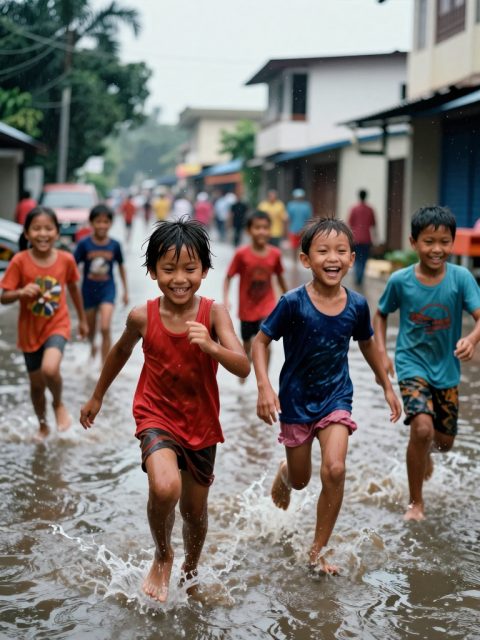 雨中玩耍的孩子们