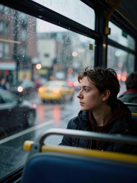 Passageira de Ônibus na Janela Chuvosa