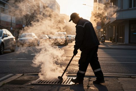 Trabalhador e Vapor em Contraluz